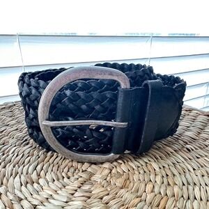GAP Womens Black Braided Genuine Leather Belt Wide Woven Silver Buckle Size M